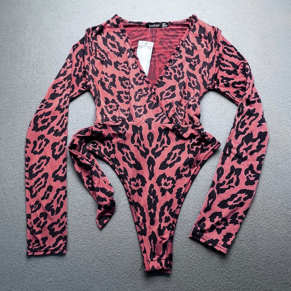 Boohoo Leopard Print Plunge Bodysuit Womens 4 Brown NEW Long Sleeve Wrap Tie